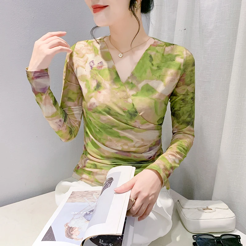 

Faion adient Print Long Sve T-irt Women's Inner Wear Sexy V-Ne Crossed Me Base Top Slim Fit Korean Sle