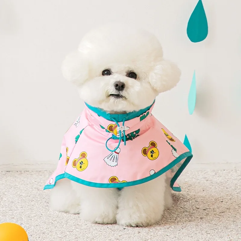 Four Seasons Universal Cartoon Printing Pet Rain Poncho Waterproof Hooded Dog Raincoat Leashable Puppy Bichon Teddy Dog Clothes