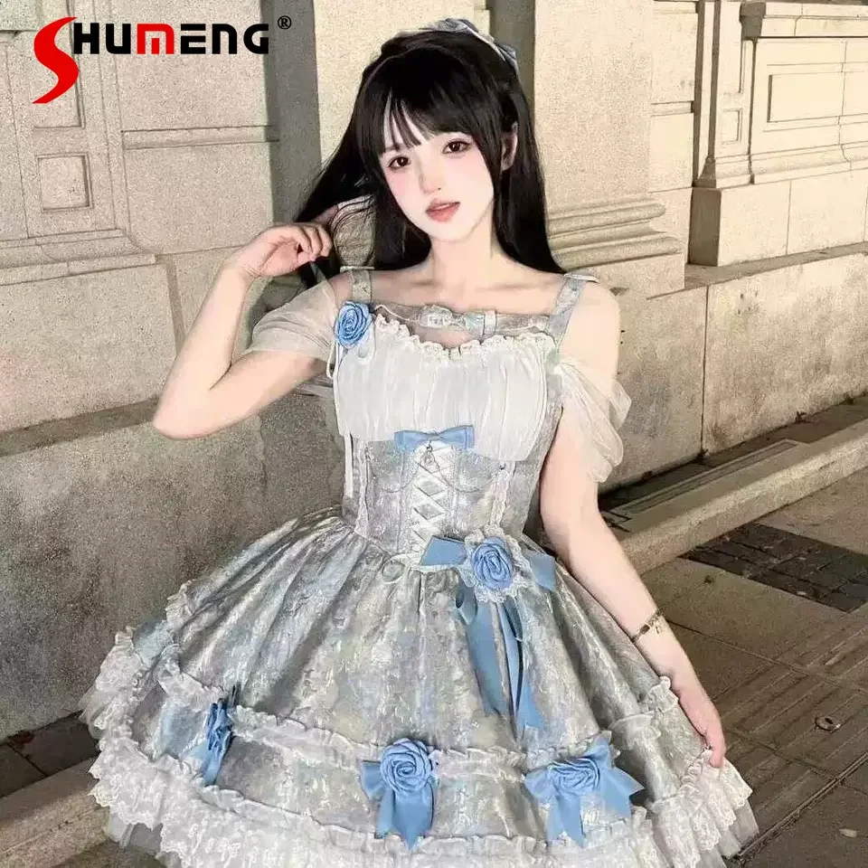 

Elegant Temperament Sweet Soft Girl Princess Lolita Dress 3D Flower Bow Mesh Stitching High Waist Fluffy Short Party Dress Women