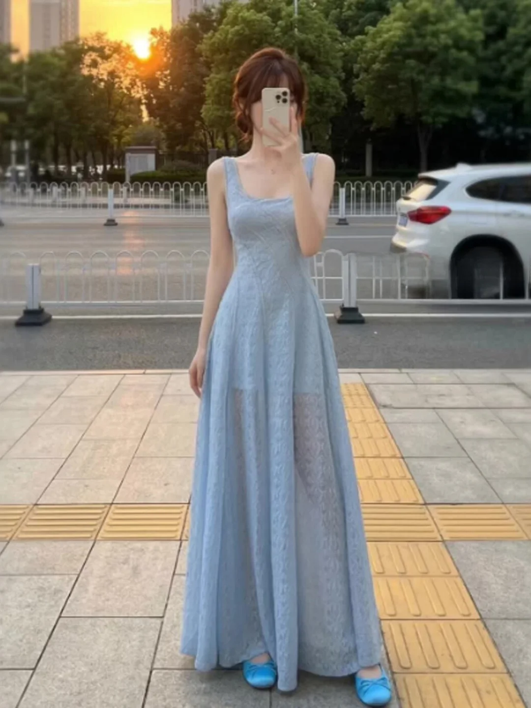 

Unique Beautiful Slimming Strap Beach Dress High Waist Cotton Summer Dress Elegant Sensation Sleeveless U-Neckline A-Line Dress