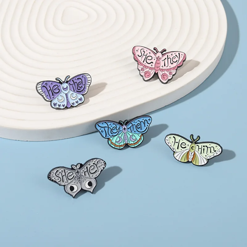 Cartoon Butterfly Pronouns Enamel Pins SHE HER HE HIM THEY THEM Brooches Bag Lapel Badges Insect Jewelry Gift for Kids Friends