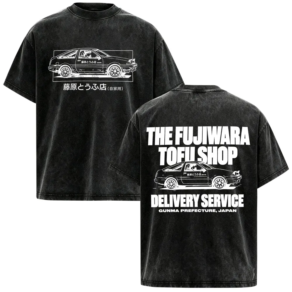 Vintage Washed Anime Initial D Drift AE86 Takumi Fujiwara Tofu Shop T-shirts Unisex Loose Fashion Cotton Short Sleeves T Shirts