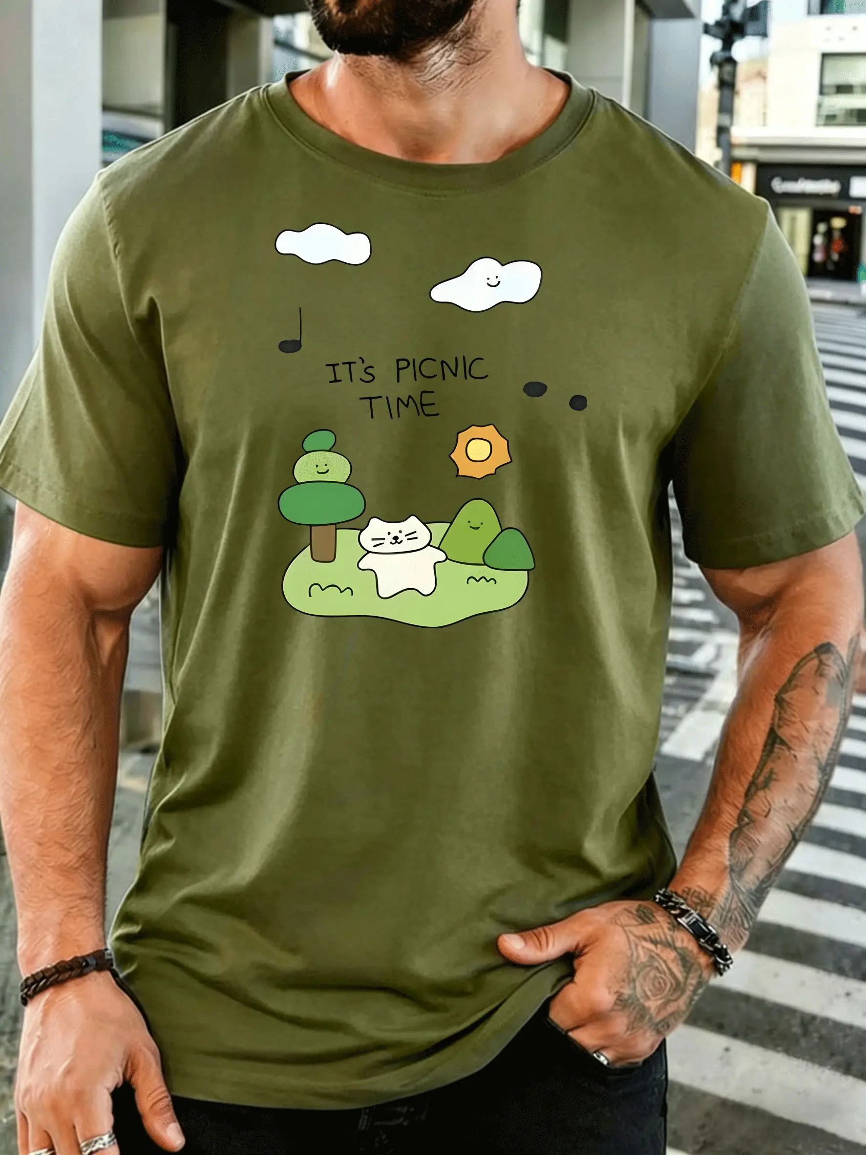 Its Picnic Time Cute Cat Nature Scene Mens Print T Shirt Cartoon Outdoor Graphic Tee Casual Short Sleeve Picnic Enthusiast Gift