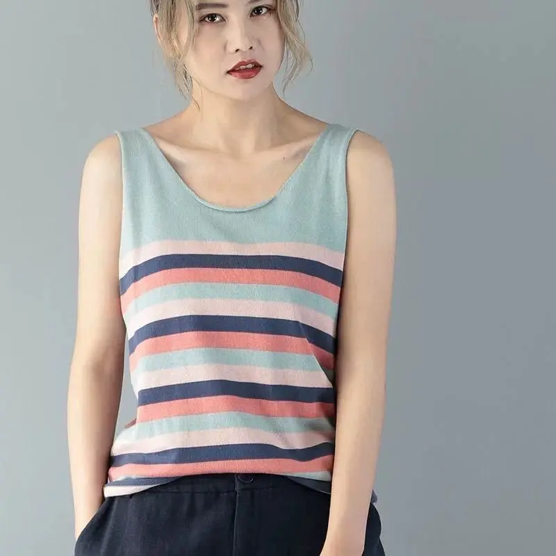 Summer Fashion Korean New Striped Loose Vest Women\'s Round Neck Patchwork Simple Sleeveless Versatile Knitted Shirt Wearing Top