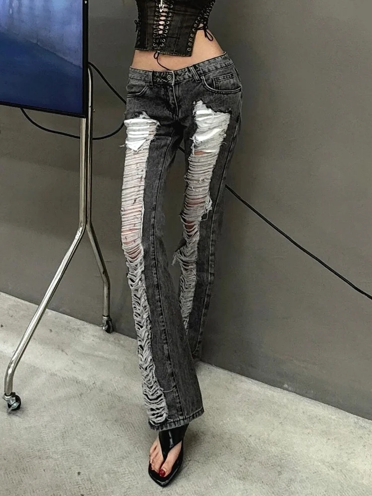 

American Sle Sexy Girl Design Sense Ripped Denim Jeans Women's Retro Y2K Millennium Low Waist Slimming Floor-Length Pants