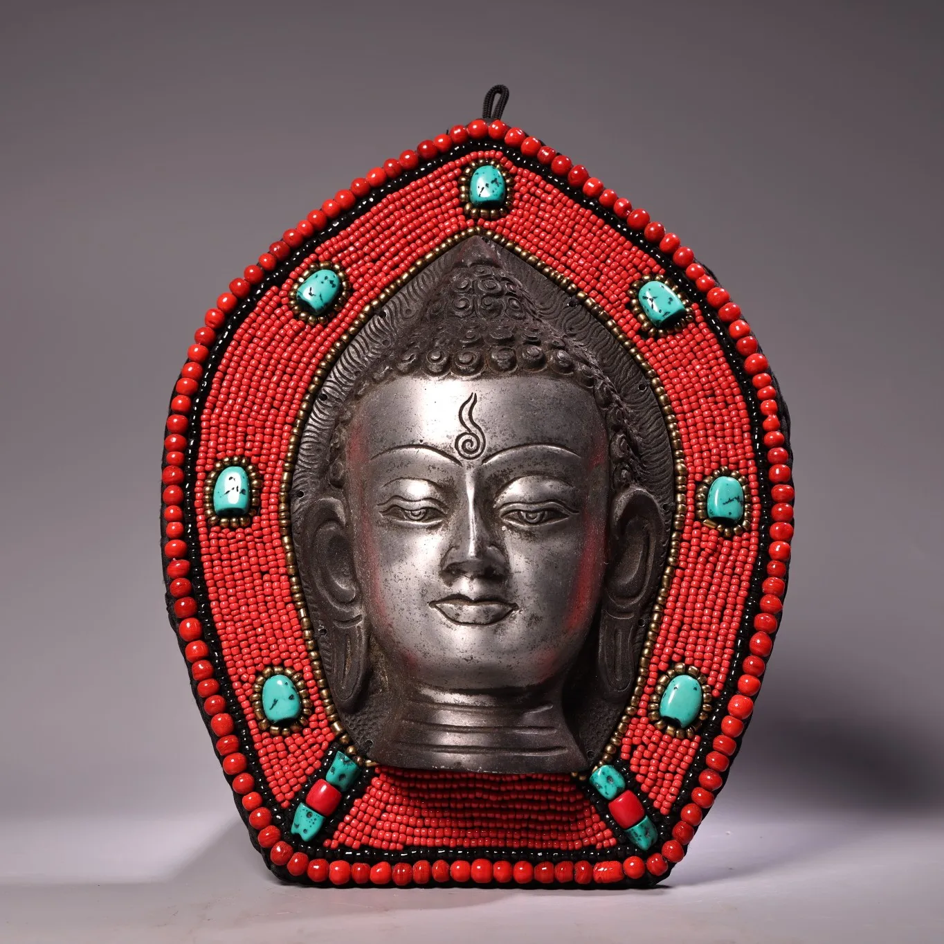 Red Rope Weaving Mosaic Gem colored glaze Shell leaf shape Bronze Shakyamuni Buddha Head Thangka hanging panel