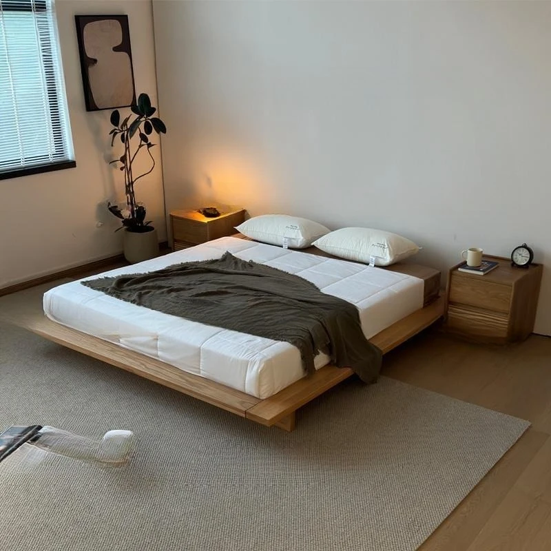 Suspension without bed, Nordic light luxury Japanese minimalist floor bed, modern simple large apartment ash wood bed