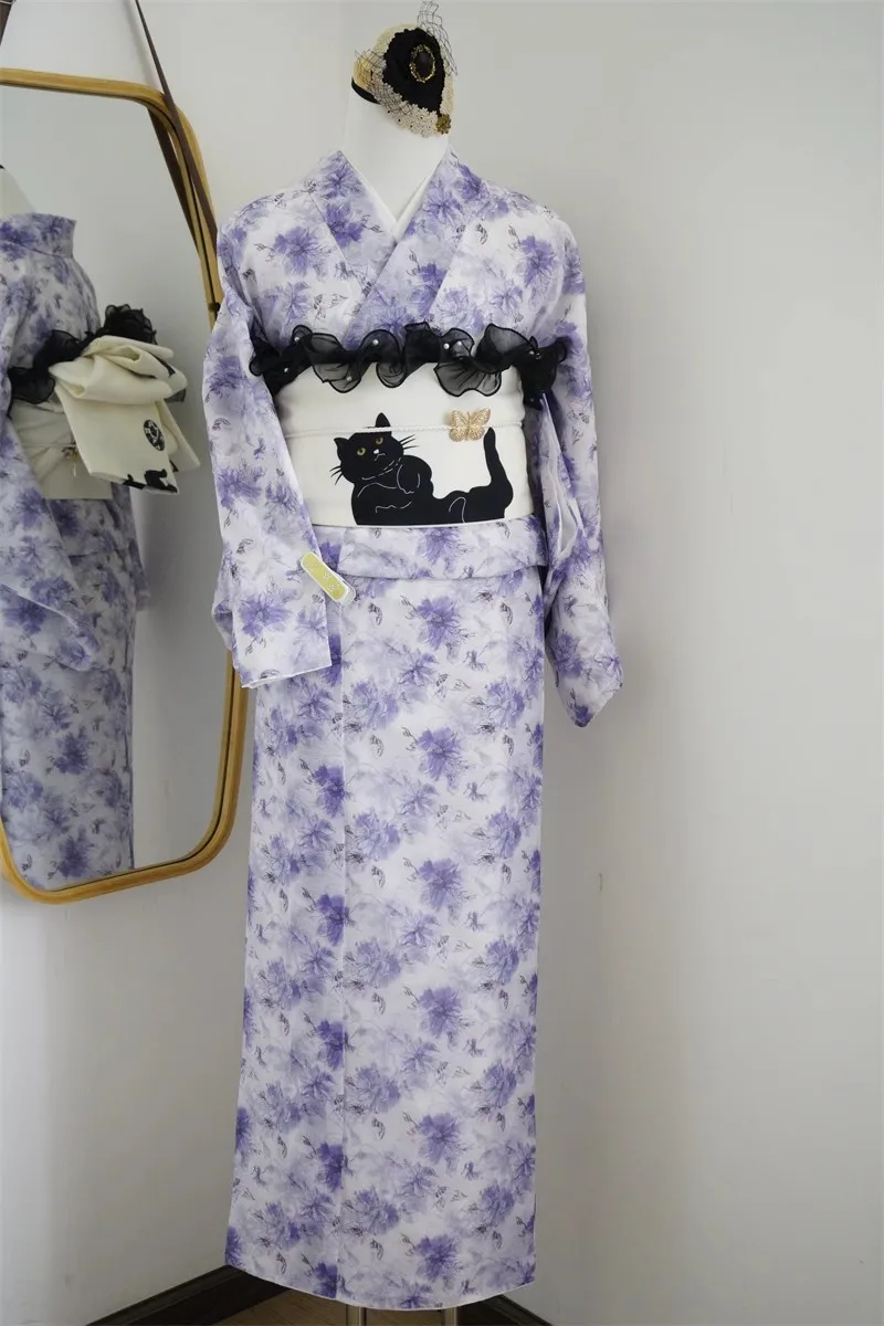 Women's Japanese Traditional Kimono Wrinkle-Resistant Ink Prints Lightweight Summer Yukata Double-Layer Komono