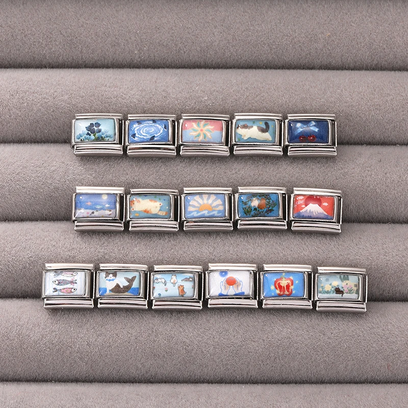 Y2K Summer Puppy Cat Fish Whale Bow Blue Charm Italian Links Fit 9MM Bracelet Stainless Steel DIY Making Jewelry Gifts Wholesale