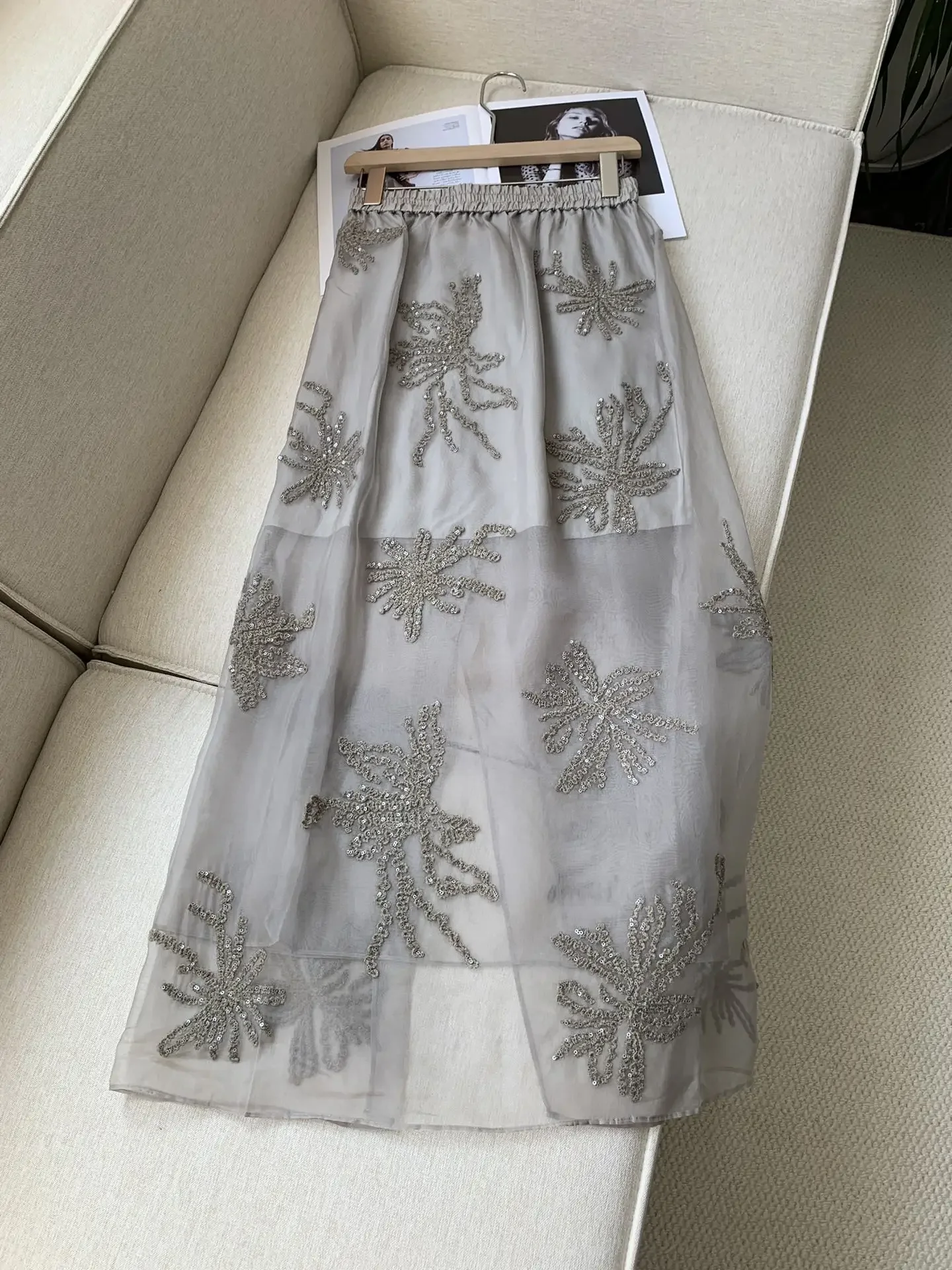 

100% Silk Women's Midi Skirt Beaded Chain Elastic Waist A-Line Split Elegant Female Long Jupe