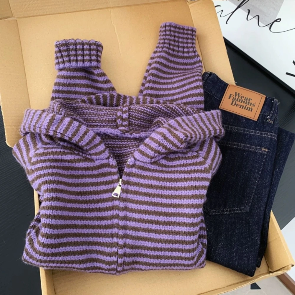 اليابانية Y2K Harajuku الساخن فتاة الرجعية التباين مخطط محبوك هوديي الخريف/الشتاء المرأة فضفاضة عادية سستة سترة ايمو #2