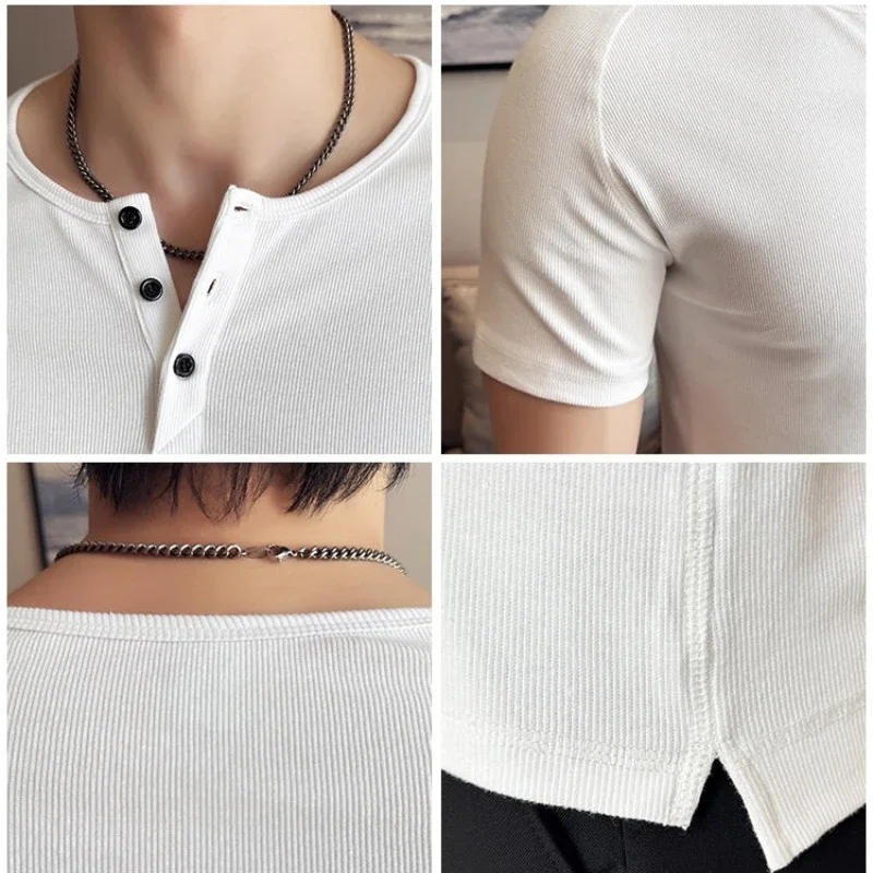 Men's Slim Fit Henley T-Shirt - Summer Short Sleeve Rib Knit Gym Workout Top | Stretchy Bodybuilding Muscle Tee for Fitness view 4