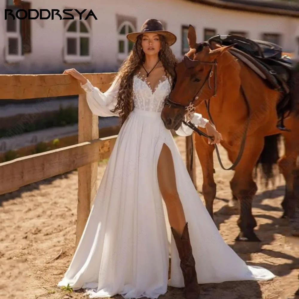 RODDRSY Civil Chiffon Long Puff Sleeves Wedding Dresses A-Line Lace Up Boho Bridal Gown O-Neck Side Split A-Line Hochzeitskleid