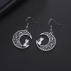 Skyrim Moon Cat Drop Earrings Stainless Steel Filigree Crescent Witchy Gothic Pendant Earrings Jewelry Birthday Gift for Women