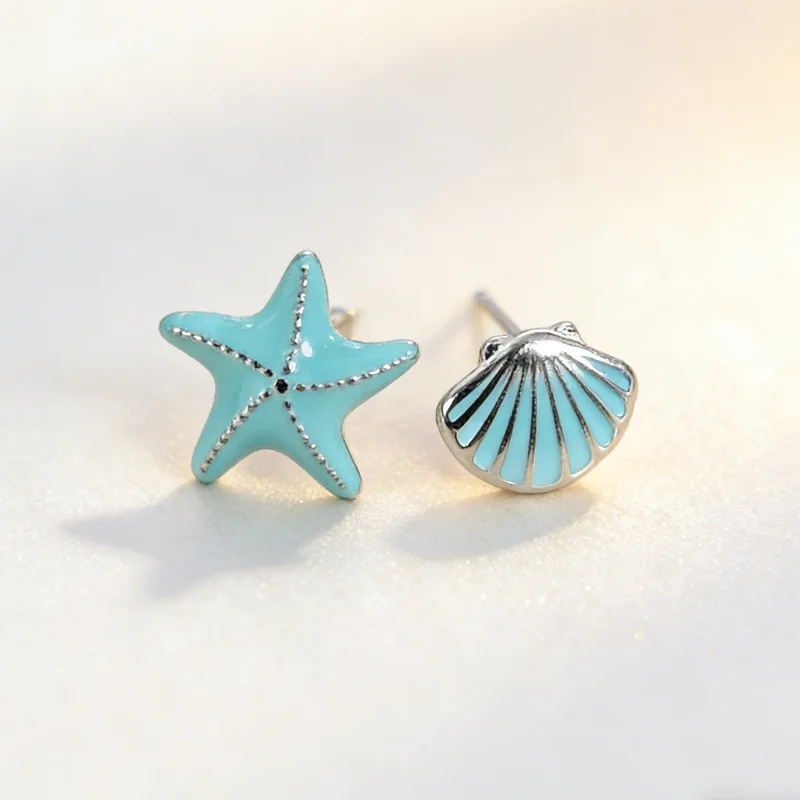 New Creative Starfish Shell Asymmetrical 925 Sterling Silver Jewelry Exquisite Shell Star Earrings  E028