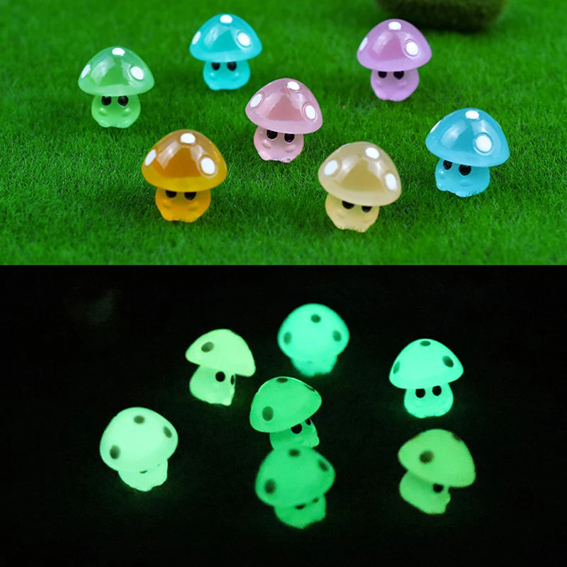 10Pcs Colorful Glowing Tiny Mushrooms Mini Figurines Miniature Mushroom Statue Decor For Glowing In the dark Ornament