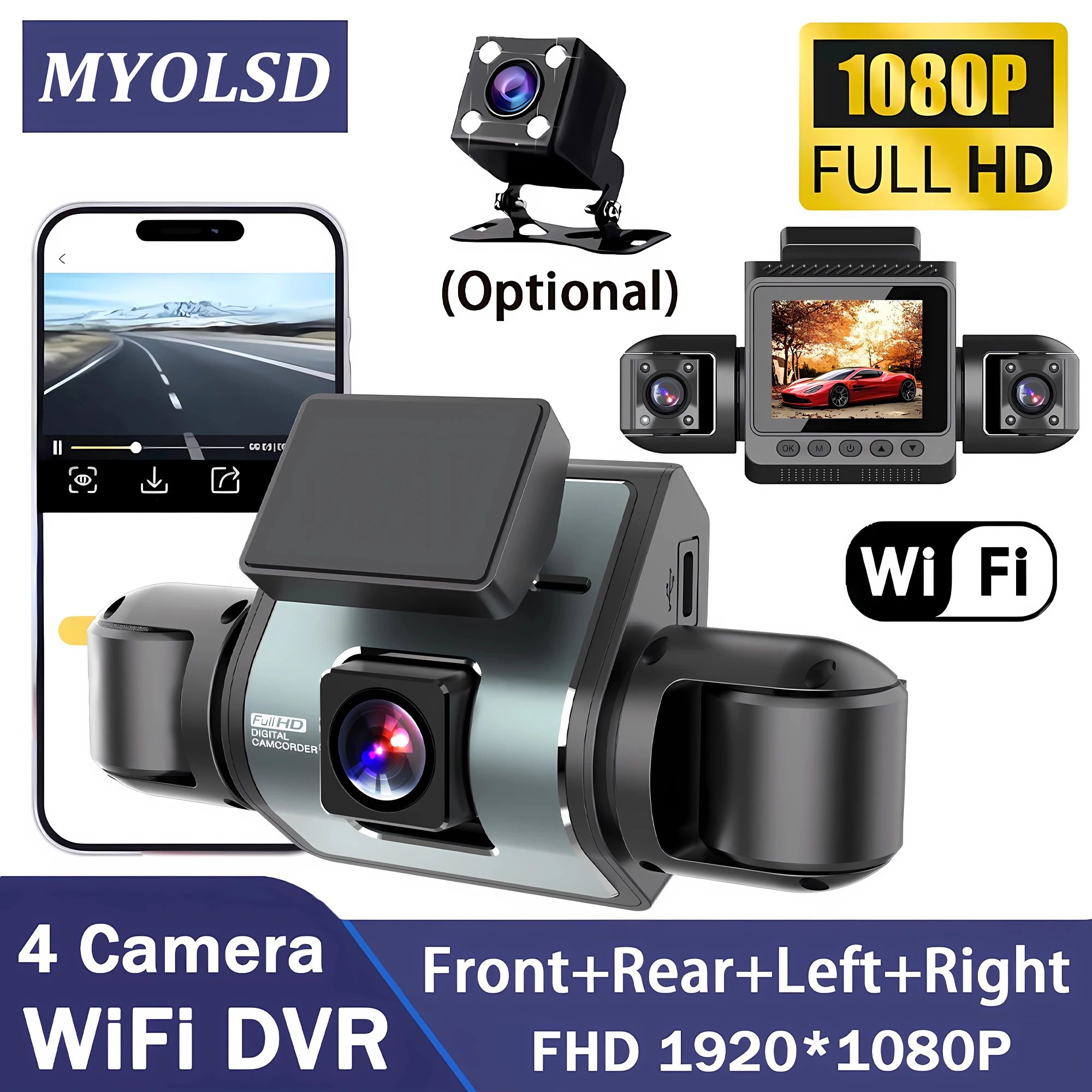 4-Linsen 360-Grad-Dashcam für Autos WIFI APP Auto-DVR 1080P 4-Kanal Frontkamera Videorekorder Rückfahrkamera Nachtsicht