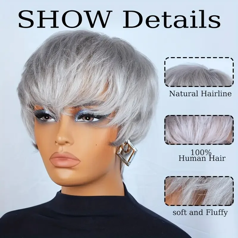 Серебристо-серые прямые парики из натуральных волос Короткий парик с стрижкой пикси Бразильские волосы с предварительно выщипанной челкой Машинное производство для женщин Ежедневное использование