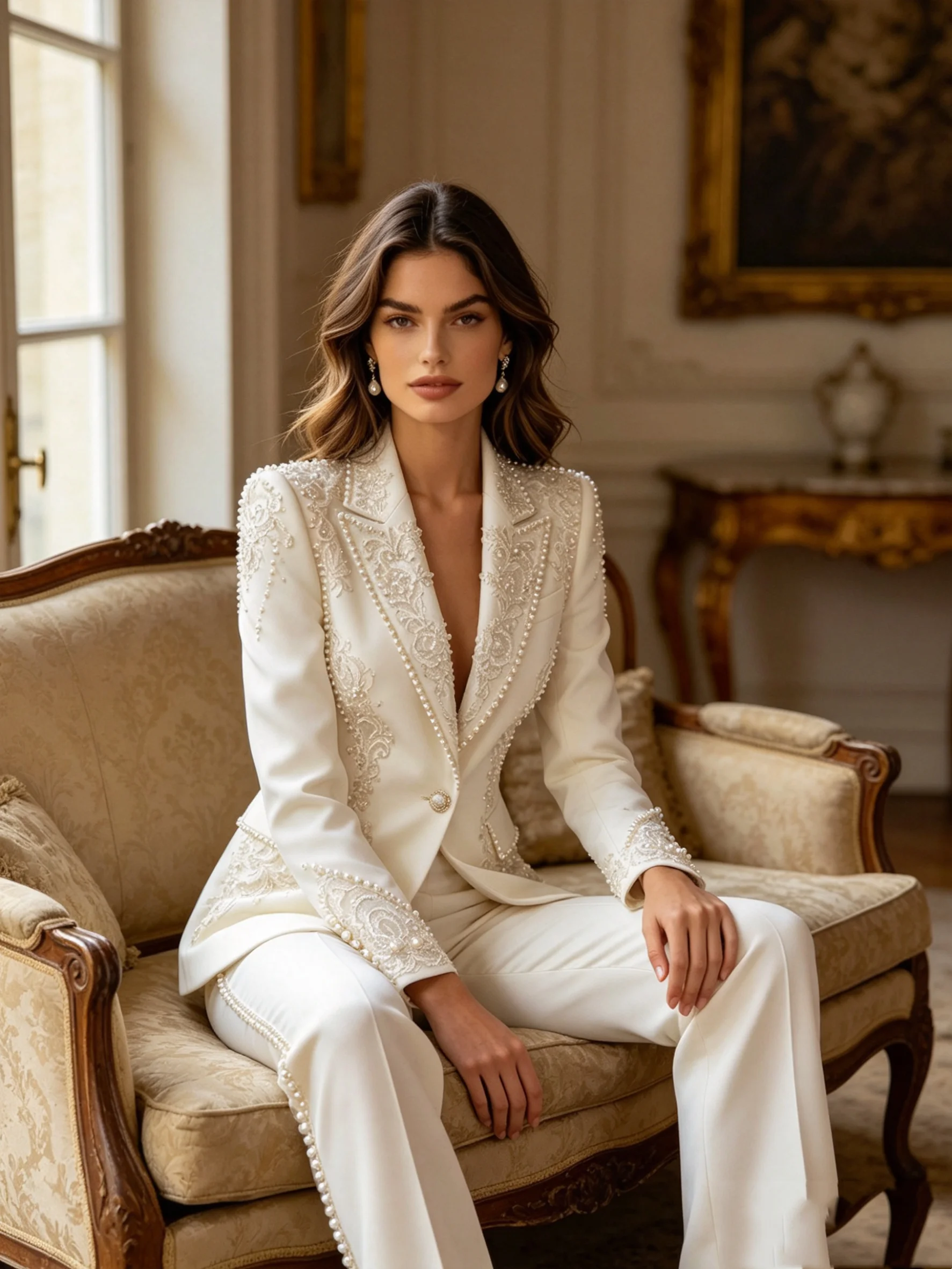 

Белый роскошный женский костюм с кристаллами, комплект из 2 предметов: пиджак и брюки, для офиса, нарядный, свадебный, на заказ