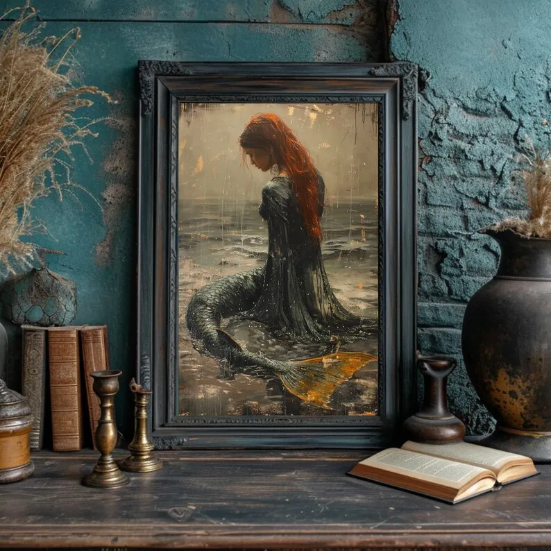 Dark Fantasy Beautiful Ocean Mermaid Fairytale Siren Seascape Poster Canvas Painting Wall Art Pictures Modern Home Decor Gift