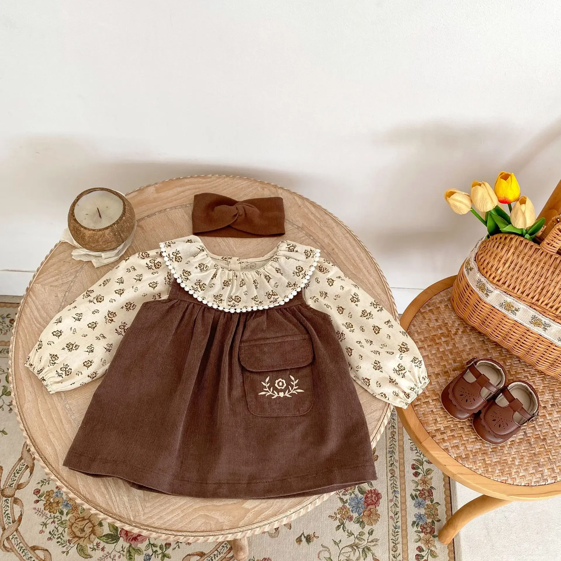 Baby Clothes Romper 2024 Autumn Girls Lotus Collar Floral Long Sleeve Top Corduroy Strap Dress Fashion Sweet Casual Girls Set