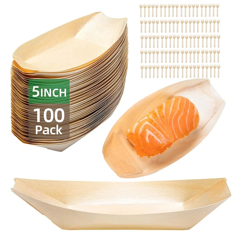 

B97A-100 Set Wooden Disposable Food Trays Dessert Plates Boat Plates Food Boats Disposable Plates