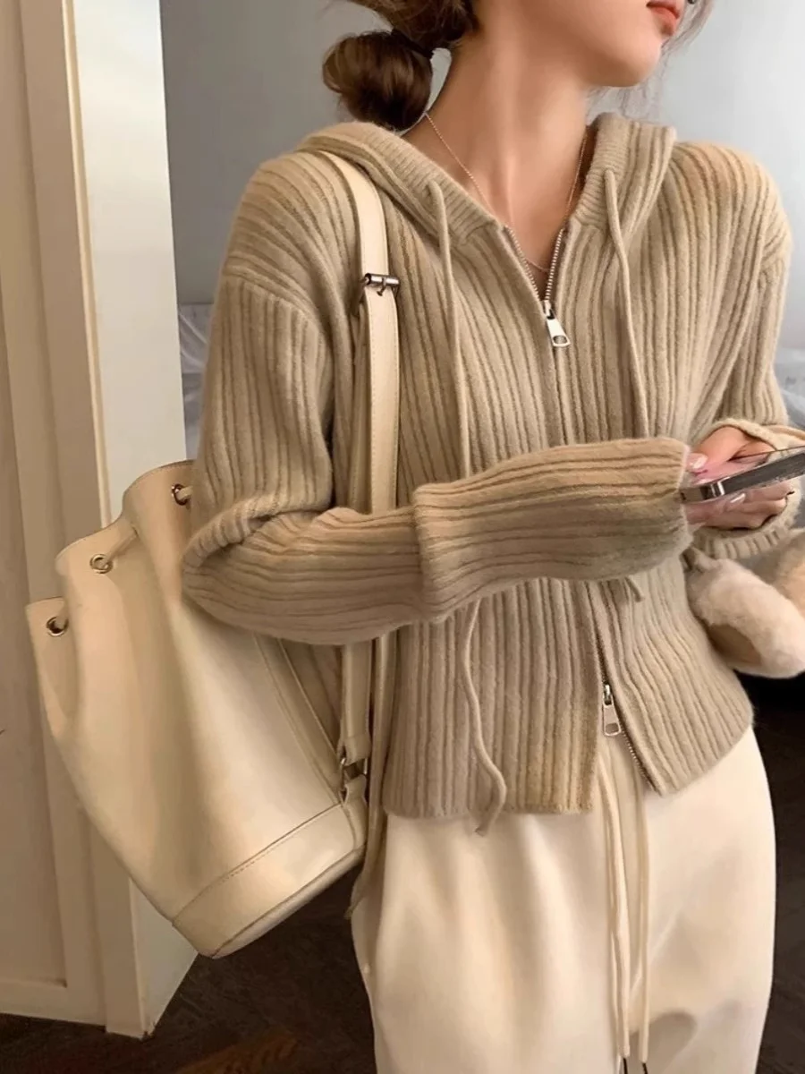 

Chic Korean Sle Women's Knitted ort Cardigan with Double Zipper And Hood 2023 Autumn Commute Sle Long Sve Sweater Ja...