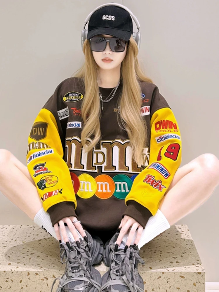 Spring Autumn Hoodie Sweatshirts Women Round Neck Letter Embroidery Loose Long Sleeve Pullover Street Harajuku Casual Tops 2024