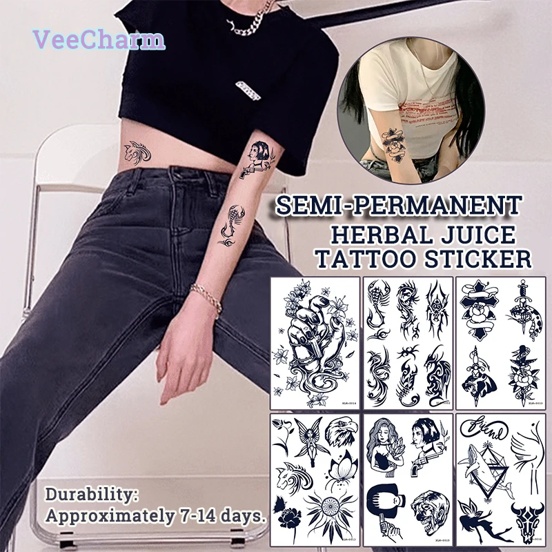 

VeeCharm - Semi-Permanent Temporary Tattoo Stickers, Juice Prints,Totems,Letters,Crosses,Wildlife,Lasts 7-14 Days, 1/18 Sheet