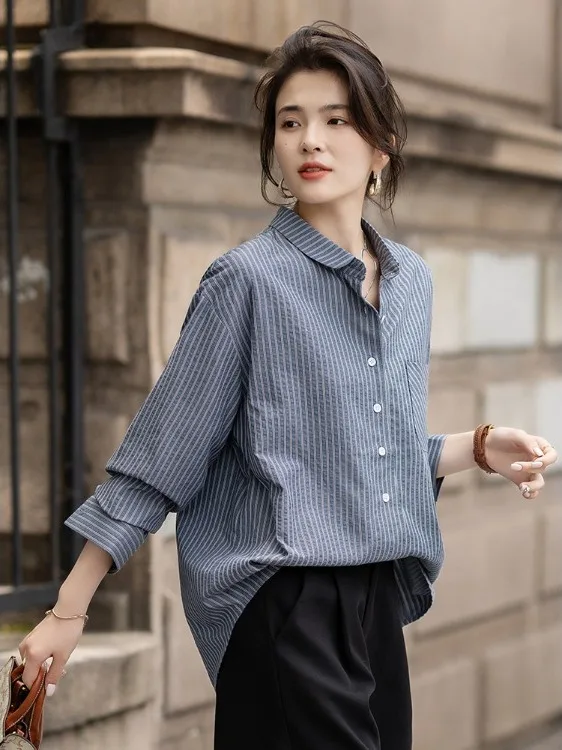 

Повседневная женская рубашка в полоску с длинным рукавом, весна 2026, новый стиль, универсальная, из полиэфирного волокна, прямого кроя, до плеч