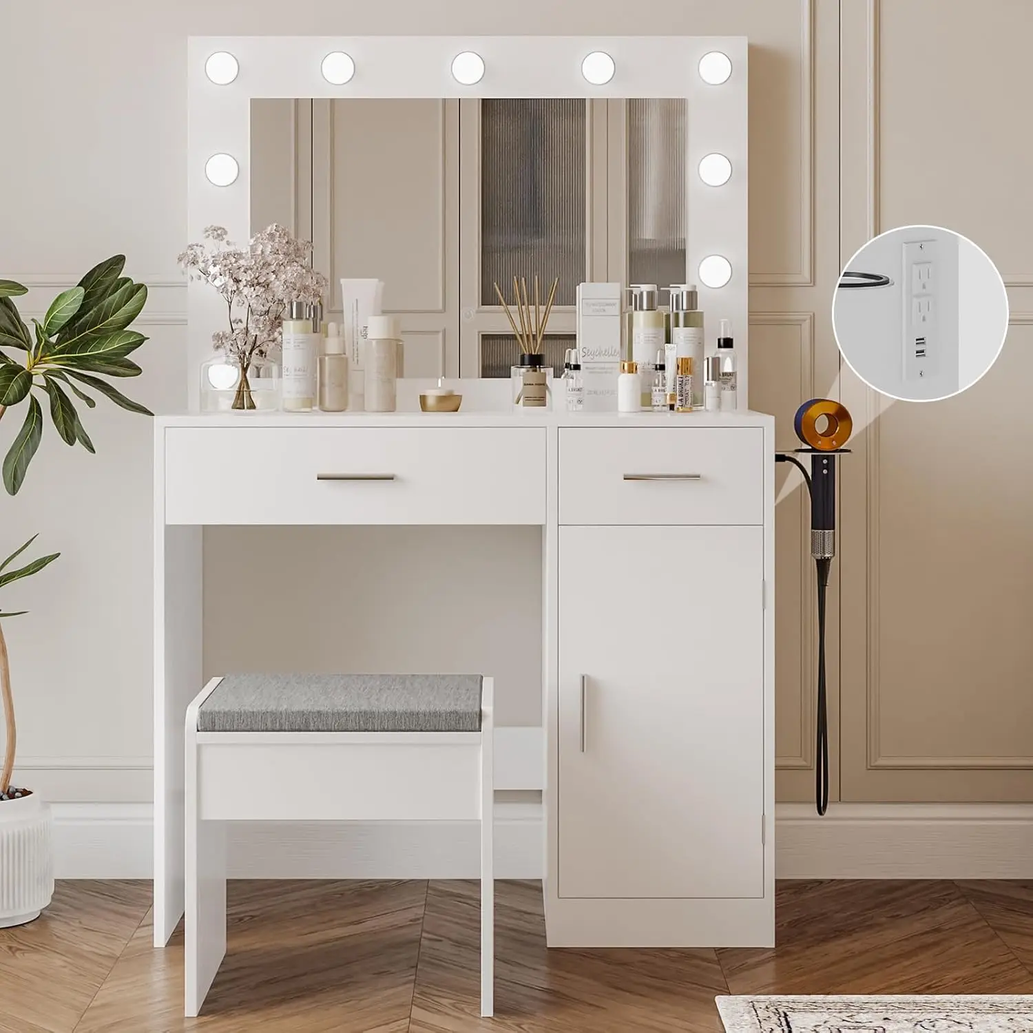 White Vanity Desk for Bedroom, with Mirror, Large Drawer, Power Socket, 11 Light Bulbs and 3 Adjustable Lighting Modes
