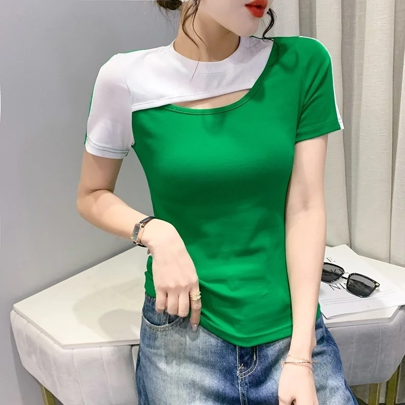 

#5540 Short Sleeve T Shirt Women Fashion Spliced Color Streetwear T-shirt Short Sexy Tight Cotton Elastic T Shirt Femme Summer