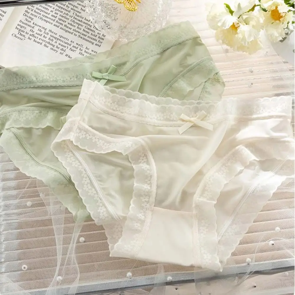 

Sweet Mesh Floral Ice Silk Briefs Ultra-thin Mid Waist Lace Seamless Panties Female Lingerie Underpants Underwear for Women Girl