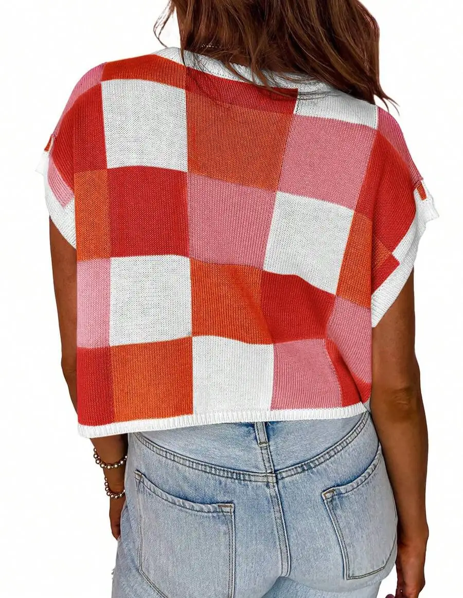 

Women Color Block Crop Top Summer Cap Sleeve Knit Tee Crew Neck Casual Sweater
