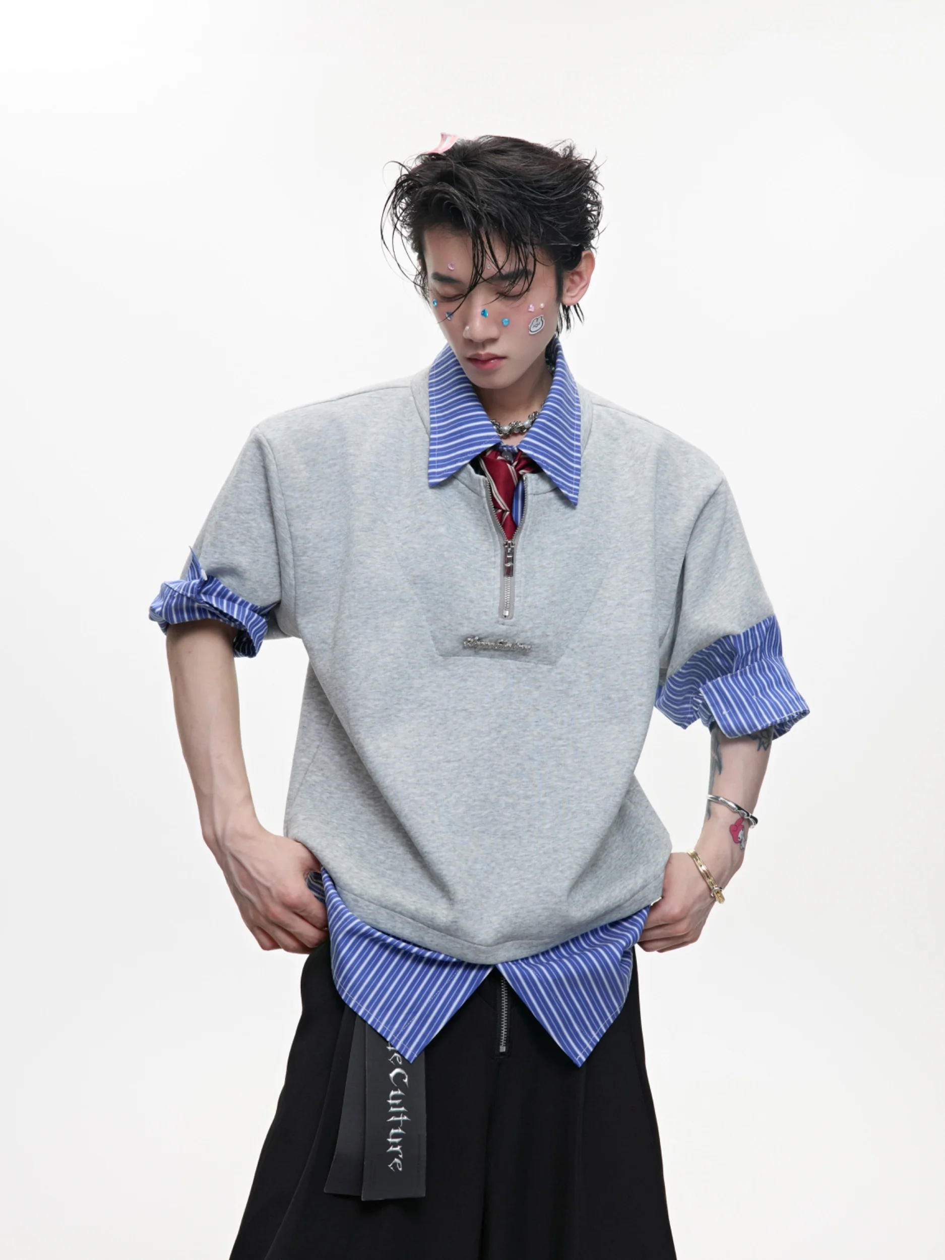 Elegant Stripe Loose Short Sleeve Shirt Fake Two-Piece Casual Style Breathable Cotton Polyester Blend Four Seasons Wear