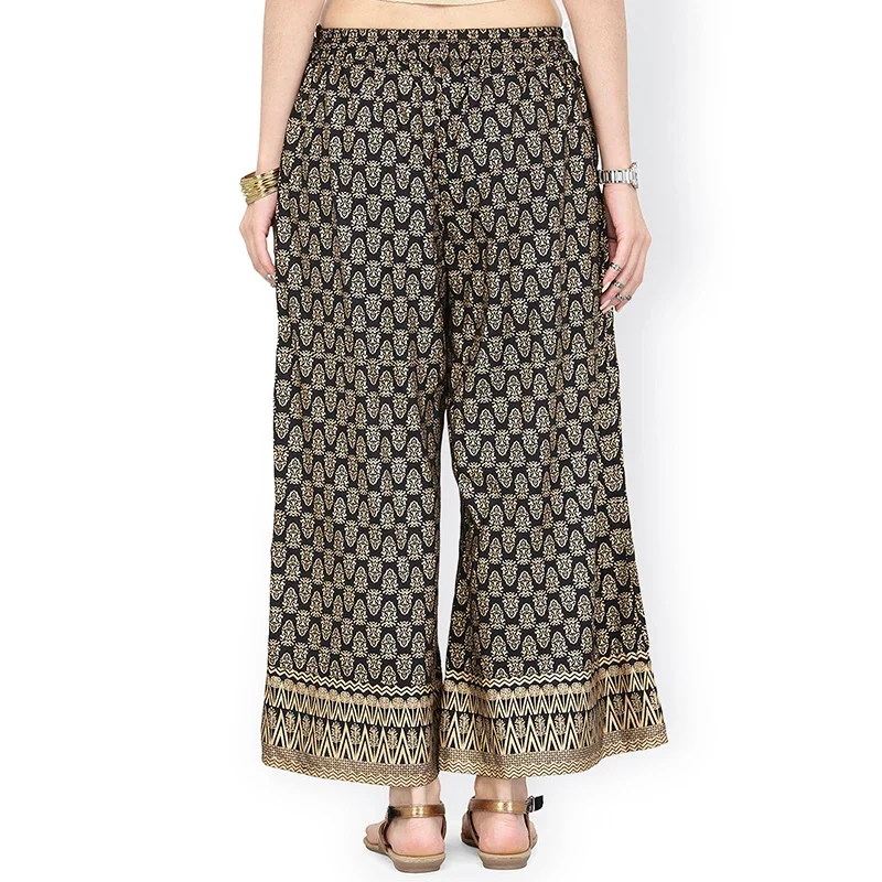 Shalwar Indian Pants Thin Ethnic Gold Printed Black Wide Leg Pants Cotton Trousers  Shalwars Salwar Indian Dress Women Costume - view 4