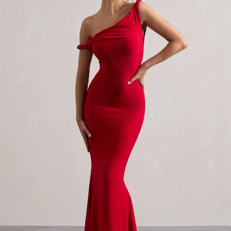 Women Elegant One Shoulder Knot Detail Bodycon Mermaid Maxi Dress Sexy Evening Party Gown