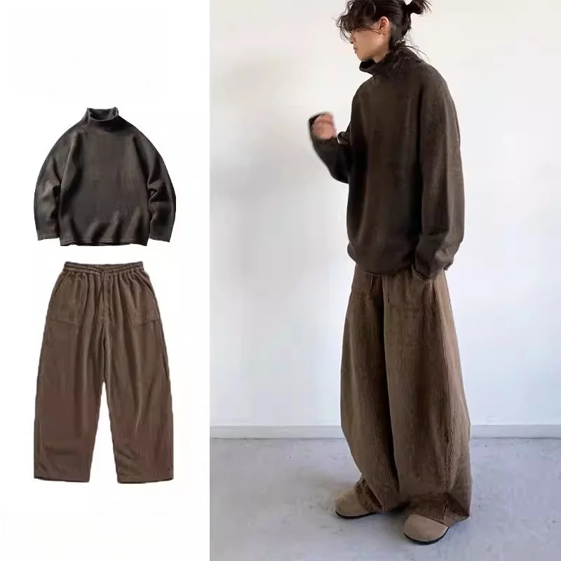 

Мужской свободный вязаный свитер с высоким воротником, зимний комплект, простой базовый слой, топ, длинное све, полиэфирное волокно, осенний сезон