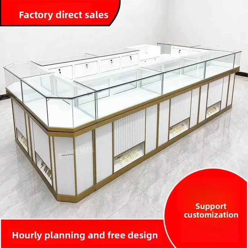 custom.High-end Gold Jewelry Watch Jade Gemstone Glasses Display Cabinet with Movable LED Light and Customizable Counter