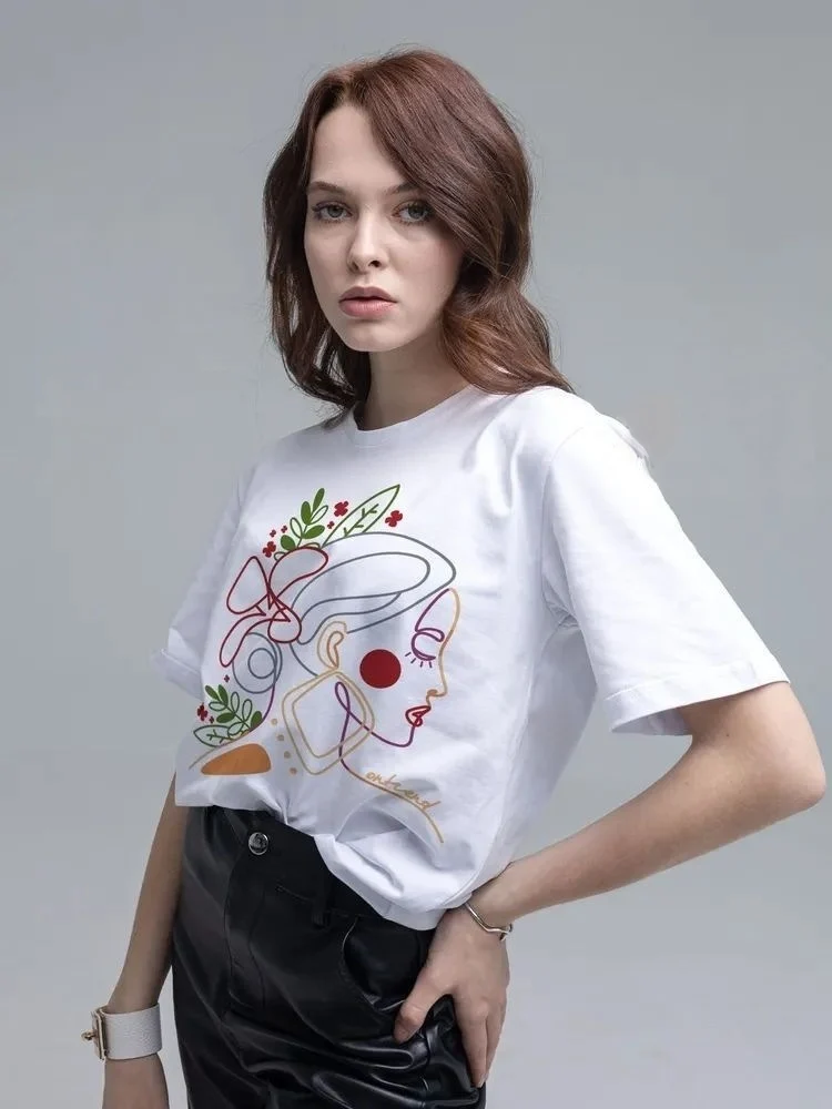 

Loose Printed T-irt Faionable round Ne ort Sve Casual Top Women's Cotton Sweat Absorbent Comfortable Summer Top