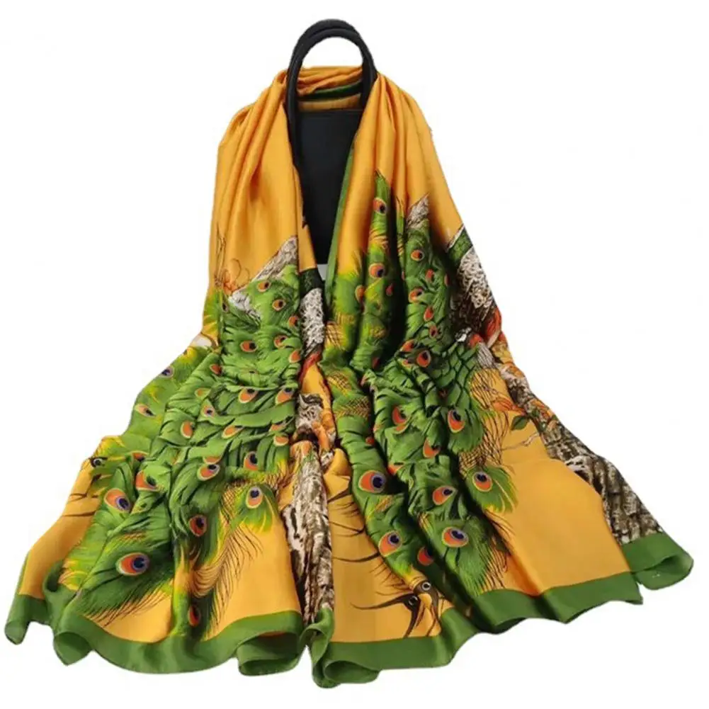 Sunscreen Faux Silk Scarf Women Green Peacock Pattern Rectangle Shawl Wrap Shawl Bufanda Neck Scarf Neckerchief