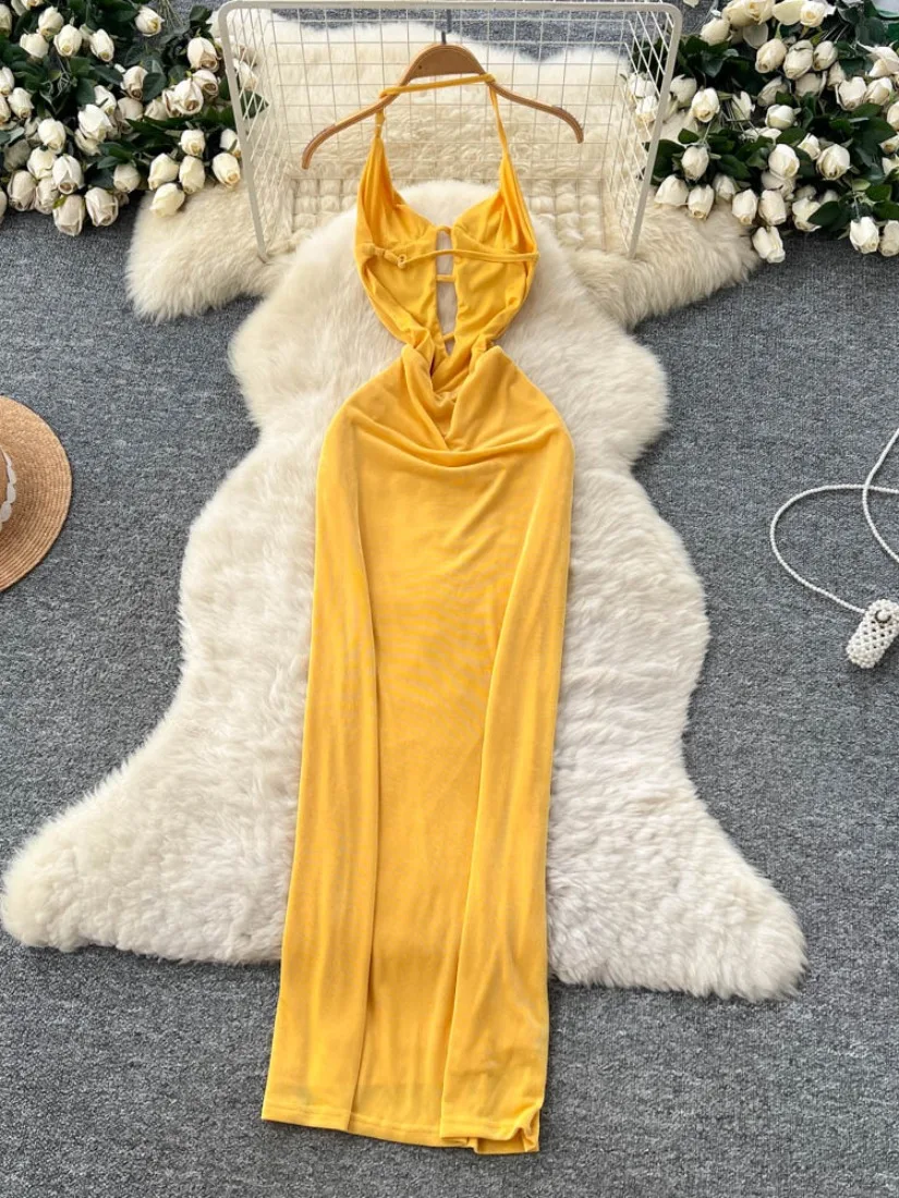 Foamlina Pure Desire Hot Girl Cutout Halter Strap Dress Women 2025 Summer European Design Bodycon High Split Slit Maxi Dress