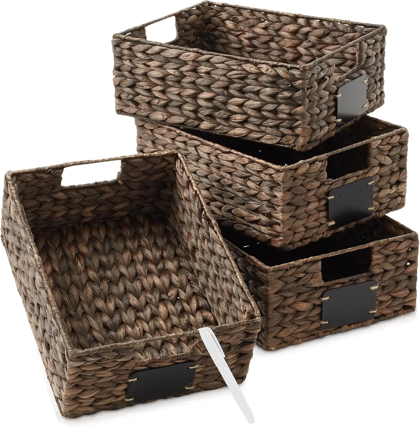 Set of 4 Water Hyacinth Pantry Baskets, 10' X 13' X 5', with Chalkboard Labels and Chalk Marker - Espresso, Woven Storage Bin Organizers for Kitchen Shelves