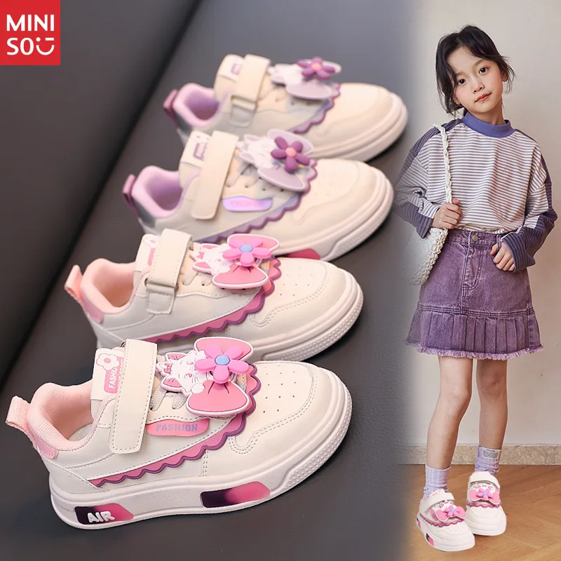 

Miniso Cartoon Cat Canvas Shoes with Plush Toy, Hook Loop Leather Casual Sneakers for Girls Spring Autumn