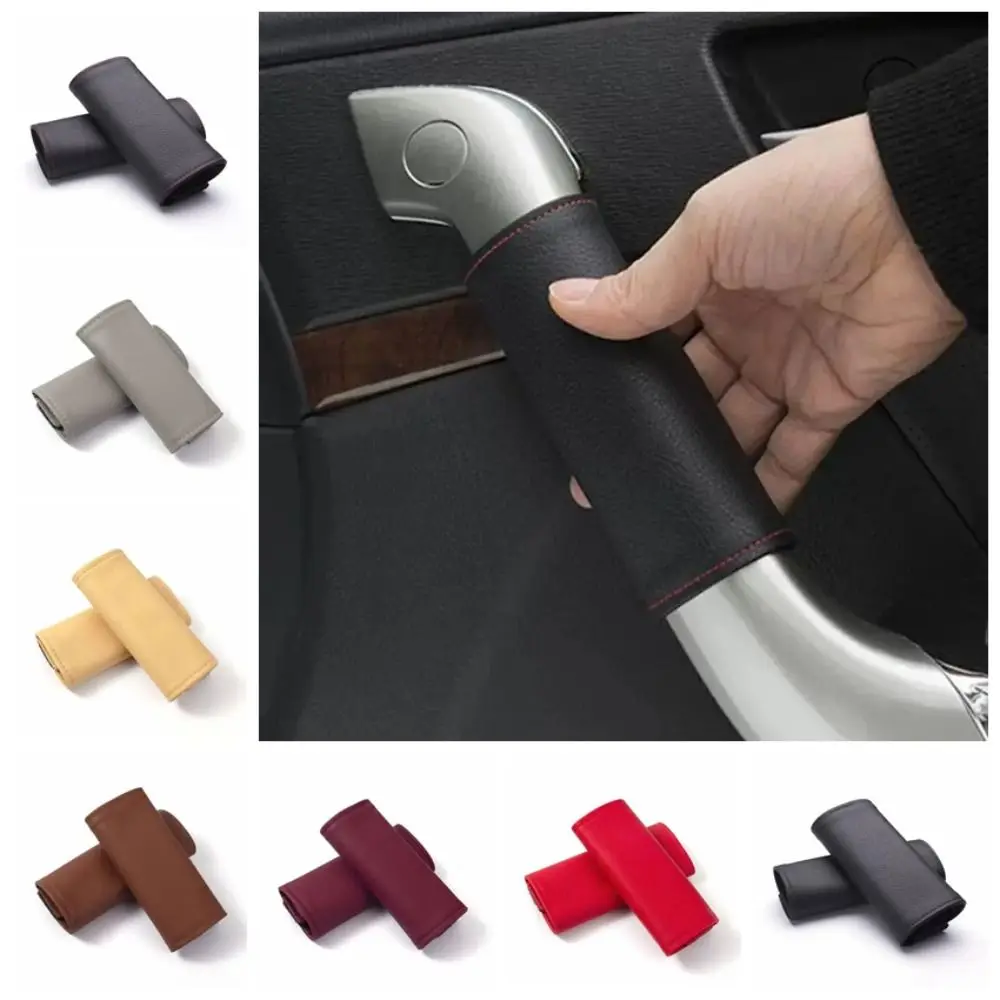2PCS PU leather Door Handle Cover Anti Slip Elastic Car Inner Pull Sleeve Wear Resistant Fabric Interior Hand Grip Wrap