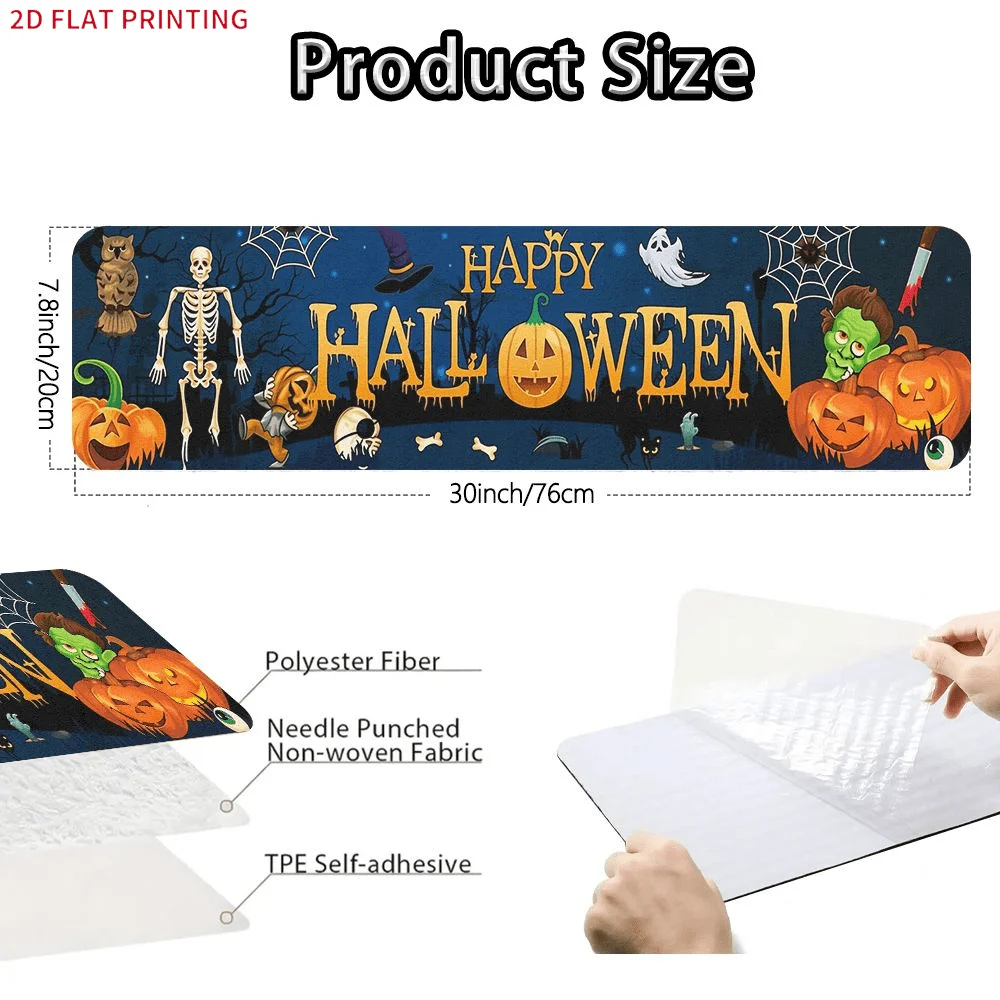 2D FLAT Printing Set of Stair Mats, Happy Halloween Skeleton Pumpkin Ghost Spiderweb Pattern, Easy to Clean Stair Tread Carpets