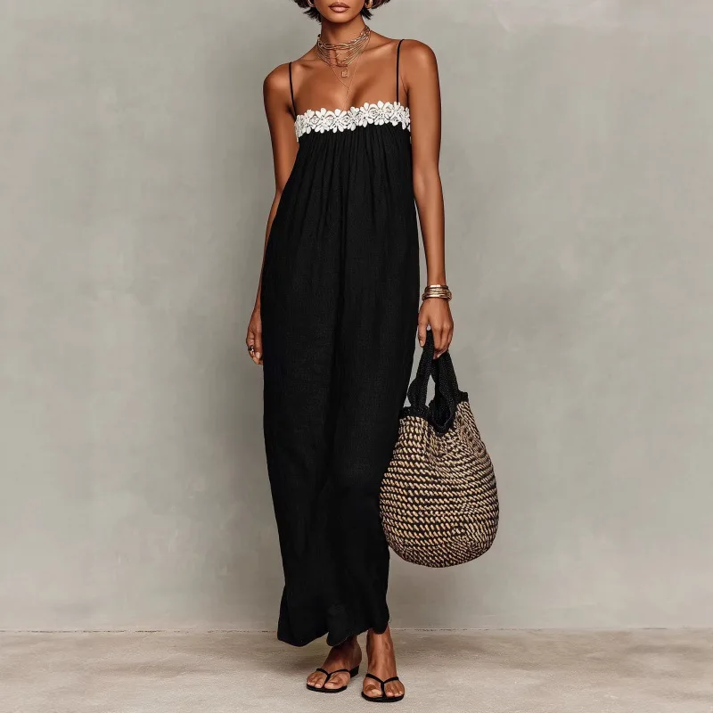 

2026 European and American leisure vacation cotton leprosy suspender lace lace contrasting dress