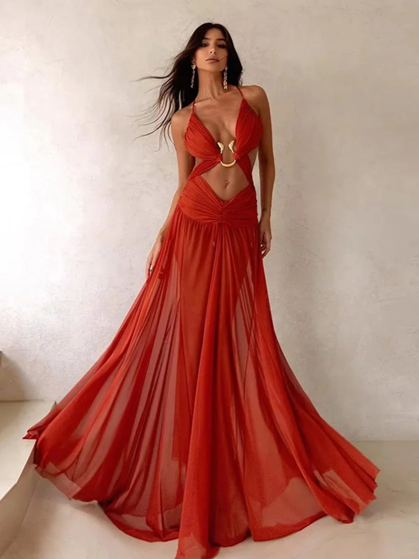 Vestido plisado de malla calado, ropa larga de playa, vestidos de noche para mujer, vestido Sexy ajustado de verano para vacaciones con cuello en V, vestido blanco y rojo