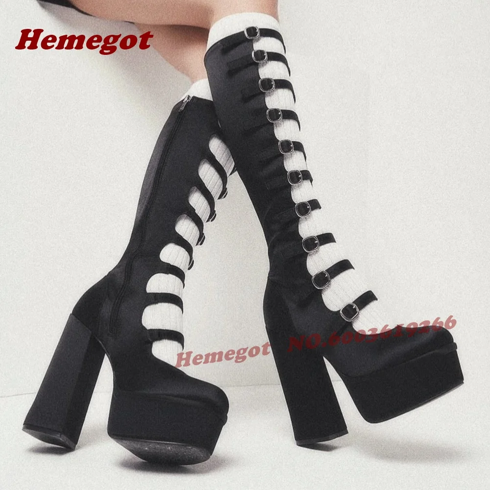 Black Multi-Buckled Gladiator Sandals Platform Side Zipper Chunky Heels Women's Sandal Boots Cut Out Lolita Y2K Shoes Luxury