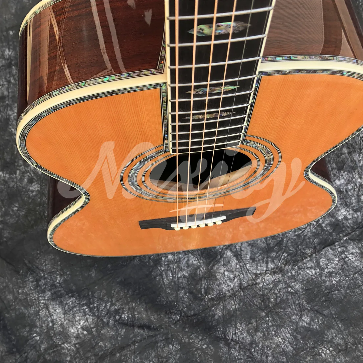 Abalone Solid Cedar Acoustic Guitar, Ebony Fingerboard, OM Type, Rosewood Body image 6